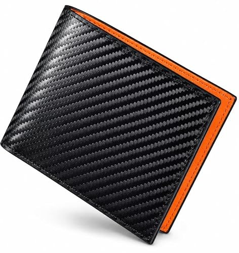Portefeuille Homme Cuir RFID Porte-Cartes Compact bi-Fold, 9 Cartes, Poche zippée, fenêtre Carte d'identité, Noir Carbone et Orange, Boite Cadeau Loralice