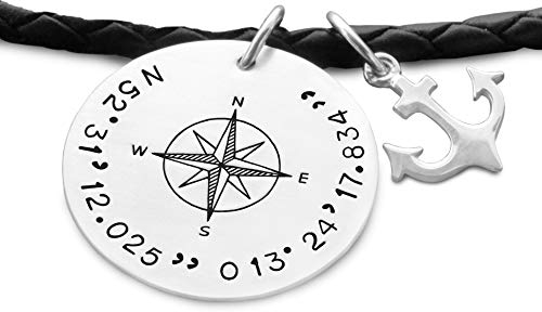 Kette Männer Herren Kompass Koordinaten Gravur Anker GPS LEDER 925 Silber Leder Herrenkette personalisiert