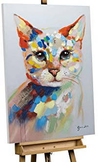 KunstLoft Leinwandbild | 100% HANDGEMALT | 70x100cm | Gemälde 'Katze im Farbtopf' | Katze | Bunt Weiß | Wandbild Wohnzimmer