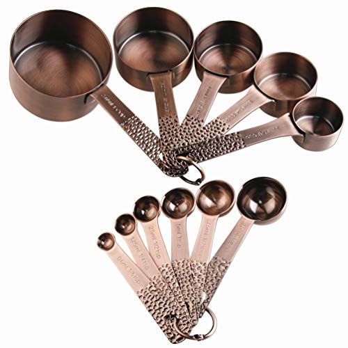 Kupfer-Messbecher und Löffel-Set, metrisch und US-Edelstahl, 5 Messbecher und 6 Messlöffel für Backen und Küche