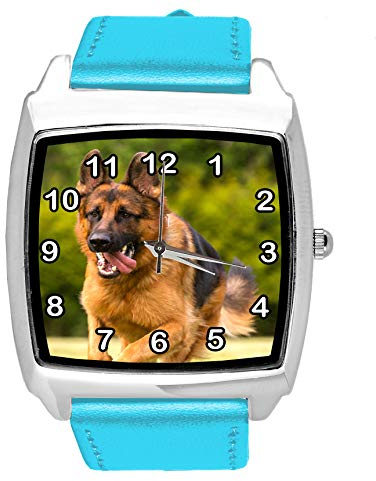 TAPORT® Quarzuhr blaues Lederband quadratisch mit Deutschem Schäferhund