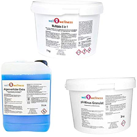 Pool Starterset Wasserpflege Set 3-teilig mit Chlor Multitabs 5in1 200g 3kg, pH-Minus Granulat 3kg und Algenverhüter Extra 3l