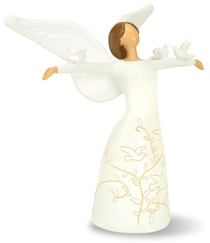 Cloonke Dekoengel Engel der Freiheit mit Freiheitstauben in weiß – Schutzengel Krippenfigur in Handarbeit geschnitzt & bemalt, Maße: 20,3 x 19 x 7,6 cm – Deko Engelchen