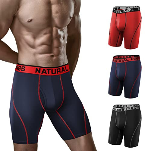 Natural Feelings Long Mens Underwear Boxers Performance Sports Dry Fit 9inch Long Leg Boxer Shorts Men A1:black Blue Red Pack of 3, M