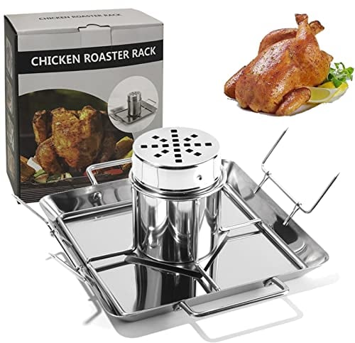 goldmiky Pollo Barbacoa Soporte, Soporte para asador de Pollo de Cerveza, Soporte para Pollo de Acero Inoxidable con Bandeja de Goteo, para Acampar al Aire Libre con Barbacoa