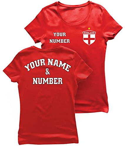 lepni.me Women's T-Shirt England Football Shirt with Your Name and Number - England Flag Badge Personalised Retro Custom Top World Cup 2022 European Football Championship Fan (M Red Multi Color)