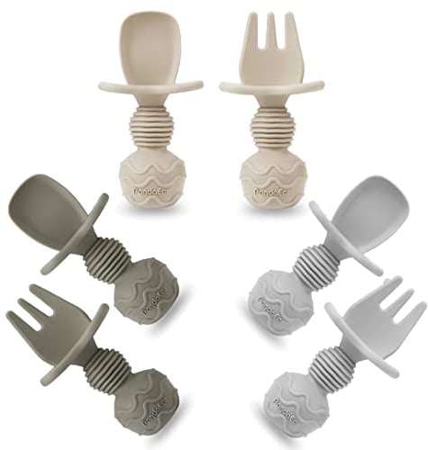PandaEar Lot de 6 Cuillères et fourchettes en silicone pour bébé - Premiers ustensiles d'auto-alimentation anti-étouffement pour bébé à partir de 3 mois (Brun)