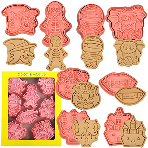 Juego de cortadores de galletas de Halloween, 8 piezas 3D prensables para Halloween, juego de cortadores de galletas de bruja, araña, dientes de vampiro, hombre esqueleto,