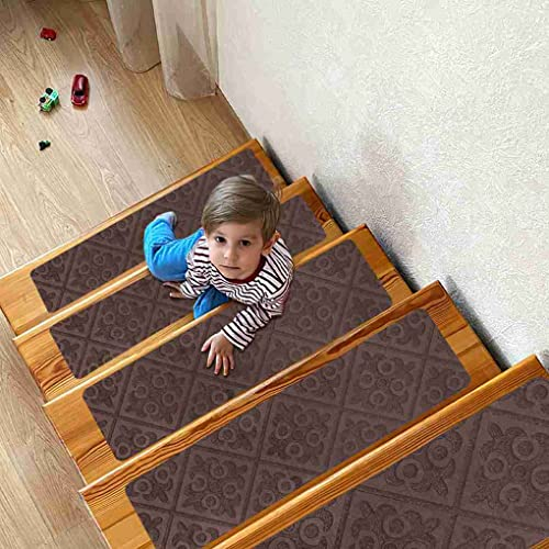 Arthome Tappeti per Scale 15 Pezzi 20x76cm per Gradini Legno, Tappetini Antiscivolo Sicurezza per animali domestici, anziani e bambini, Adesivi Antiscivolo per Moquette (Marrone Goffrato)