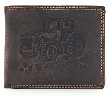 Lemasi echt Büffel Voll-Leder Geldbörse für Männer, naturbelassenes Hunterleder Portemonnaie Traktor mit RFID NFC Schutz (Dunkelbraun)