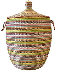 Wäschekorb Afrika - S/M/L/XL/XXL - Das Original aus dem Senegal - Afrikanischer Flechtkorb mit Deckel - Fair Trade Korb für Bade- / Wohn- & Kinderzimmer (S, Stripes Bunt)