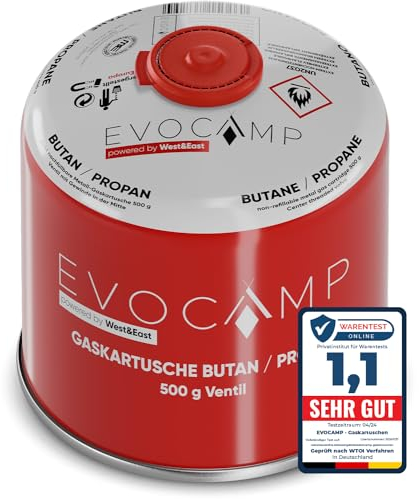 EVOCAMP 1x Butangas Kartusche 500g Schraubkartusche mit Butan/Propan Gas 899 ml, Gaskartusche EN417, Ventilkartusche mit Schraubverschluss, Gas Kartusche mit Camping Gas, Gaskartuschen Schraubventil