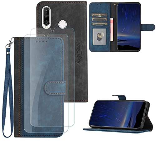 Hoyoikun Coque pour Huawei P30 Lite[2 pcs Protecteur d'écran],Etui en Cuir PU Portefeuille Coque avec Fente Carte,Fonction de Support,Fermeture Magnétique-Bleu