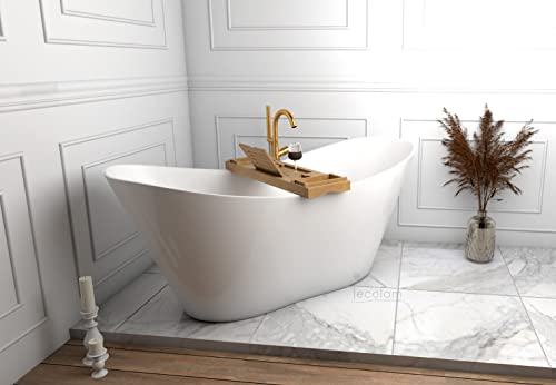 ECOLAM exklusive freistehende Badewanne Standbadewanne Mineralguss moderne Wanne freistehend Viya 170x72 cm + Bambus Ablage + Ablaufgarnitur Click Clack - glamour Luxus weiß