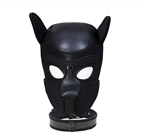 YiQin RWSX Hundemaske mit Kragen, Weiche Latex Petplay Hundemaske mit Ohren Welpenmaske Hunde Masken, Abnehmbarer Mund, Geeignet für Halloween, Urlaubsparty (XL, Schwarz)