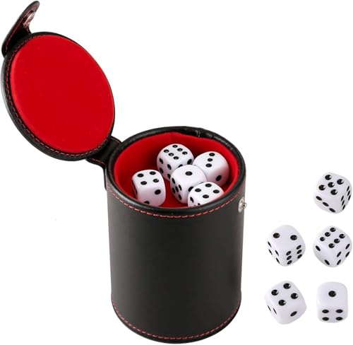 GWHOLE Leather Dice Cup with Lid & Storage Compartment, Includes 5 Dice