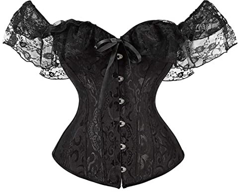 Kelvry Women Sexy Basque Off-Shoulder Lace up Boned Bustier Overbust Corset Tops with Long Sleeve