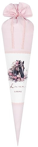 Manufaktur Liebevoll - Pferde und Pony Schultüte aus Stoff zur Einschulung | Zuckertüte mit Namen u. Datum | Einschulungstüte | Handgenähte Stoffschultüte als Geschenkidee zum Schulanfang für Mädchen