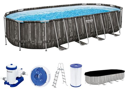 Piscine hors sol ovale Power Steel™ décor bois, 732 x 366 x 132 cm, filtre à cartouche, diffuseur Chemconnect™, bâche, échelle