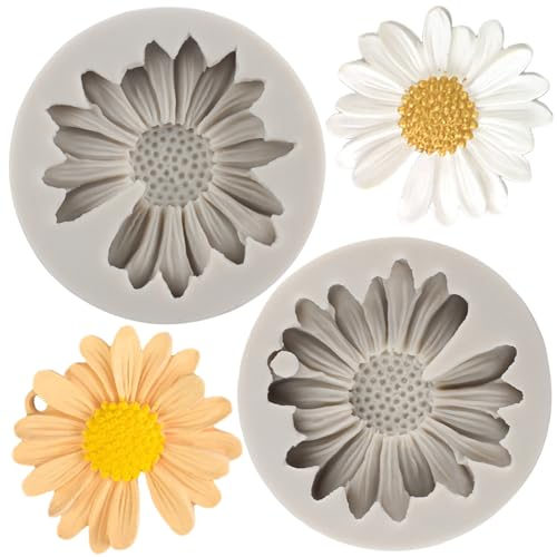 MYPRACS Fleur Silicone Fondant Moule Marguerite Fleur Moule Pour Décoration De Gâteau Cupcake Topper Bonbons Argile Polymère Chocolat Gomme Pâte Ensemble De 2