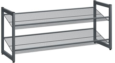 VASAGLE Étagère à Chaussures Empliable, Porte-Chaussures 2 Niveaux, Métal, Plateaux Plats ou Inclinés Réglables, Rails de Protection, 30,7 x 92,5 x 42 cm, 8 à 10 Paires, Gris Anthracite LMR002B01V1