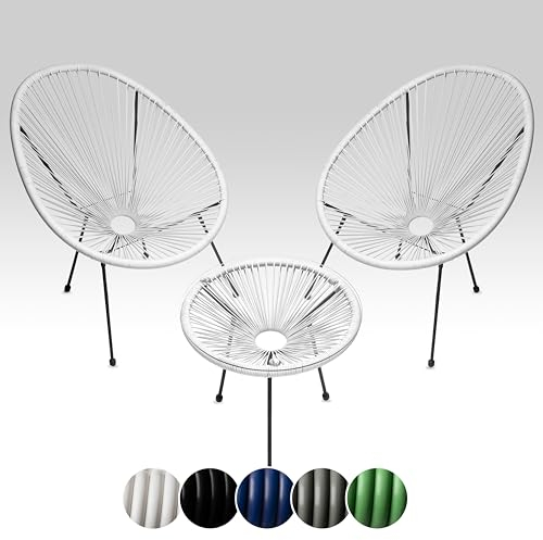 sunnypillow 2er Set Acapulco Gartenstühle mit Tisch - Loungesessel für Wohnzimmer, Terrasse, Garten, Balkon Sessel Stuhl - Korbsessel Gartensessel im Retro Design - Outdoor/Indoor - Weiß