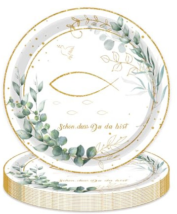 MAGLAUG Platos de papel para confirmación, comunión, bautismo, decoración de peces, eucalipto, vajilla de fiesta, platos de papel, platos desechables, decoración de mesa para bautizo, confirmación,