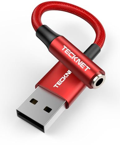 TECKNET External Sound Card, USB Sound Card, USB to 3.5mm Jack Audio Adapter USB Aux TRRS Headphone Microphone Compatible with PC Laptop PS5 PS4 Switch Mac Windows Linux and more (Red)