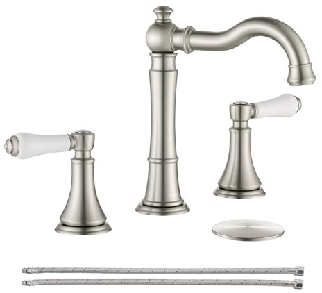 Roffenny Badezimmer-Wasserhahn aus gebürstetem Nicke, traditioneller Porzellangriff, 20,3 cm, breite Badezimmer-Armaturen für Waschbecken, 3 Löcher, 20,3 cm breiter Bad-Waschtisch-Wasserhahn, mit 2
