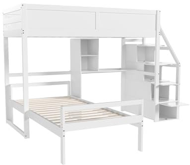 Azkoeesy Letto a soppalco con scrivania, scale e contenitore, letto singolo mobile, per bambini e adulti, 90 x 200 cm, bianco