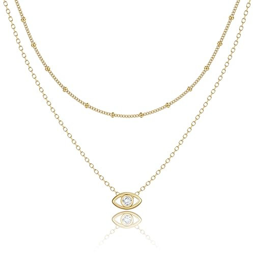 Dochais Collana a Strati con Malocchio,Catena a Strati in Oro 14K, Collane in Zirconi 5A, Catena Ipoallergenica e Personalizzata, Gioielli di Moda in Oro per Donne e Ragazze.
