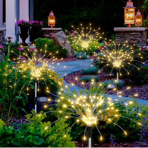 Soarling Solar Firework Light, Outdoor Solar Garden Decorative Lights, 4 Packs 480 LEDs Garden Lights Starburst Light Waterproof Outdoor Lamp for Lawn Backyard Pathway-Warm White