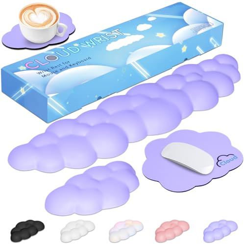 JIKIOU Cloud Wrist Rest Keyboard & Mouse Pad Set PU Leather Memory Foam | Ergonomic Wrist Rest 4-in-1 Set, Cute Savior of Wrist Pain, Anti-Slip PU Base, Waterproof, Fits Most Keyboards & Mice