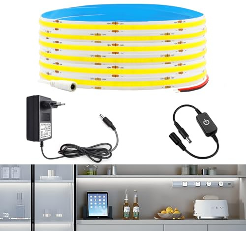 Arotelicht 2M COB LED Streifen 6000K Kaltweiß Komplett-Set mit 24V Netzteil & Dimmer, 640 LEDs (320/m), 8mm Breite, 5cm Schneidbar, IP20 Innenbeleuchtung für Möbel Schränke DIY Dekor