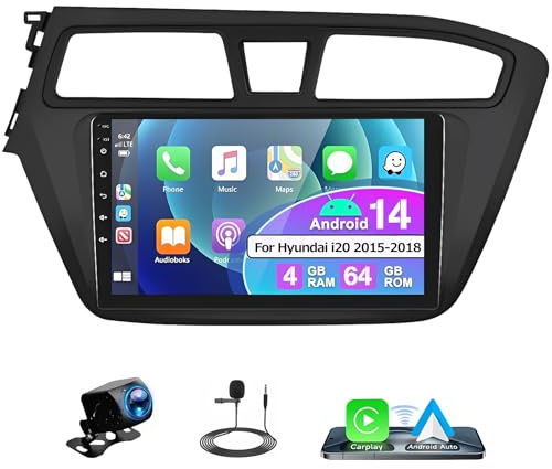 Surakey 4G+64G Android 14 Autoradio per Hyundai i20 2015-2018 con Wireless CarPlay Android Auto 9 Pollici Radio con GPS WiFi Bluetooth FM/SWC Microfono+Telecamera Posteriore