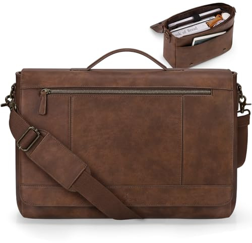 RAINSMORE Leder Messenger Bag für Herren 15,6 Zoll Laptoptasche Vintage Aktentasche Große Computertasche Satchel Umhängetasche für College, Arbeit, Business, Büro, Braun
