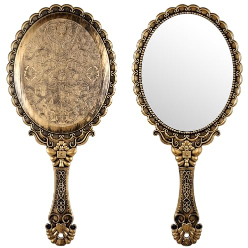 Vintage-Handspiegel Mit Griff, Eleganter Schminkspiegel, Tragbarer Reise-Handspiegel Aus Kunststoff Für Damen, Ideal Für Make-Up Auf Reisen, Partys Und Als Schreibtischaccessoire, Bronze