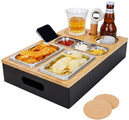 FoiiLiio Couchbar Snackbox aus Bambus,Snackbar Couch Sofatablett mit Abnehmbarer Edelstahl Snacktablett und Teilbaren Fächern für Kino,Picknick Oder am Pool,Geschenke für Männer und Frauen