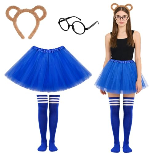 IWTBNOA Streifenhörnchen Kostüm Damen, 6 Stück Chipmunks Kostüm Set mit Tutu Rock, Streifenhörnchen Ohren Stirnband, Cap, Kniehohe Socken, Brille, Tierkostüm Zubehör für Karneval Mottoparty Halloween