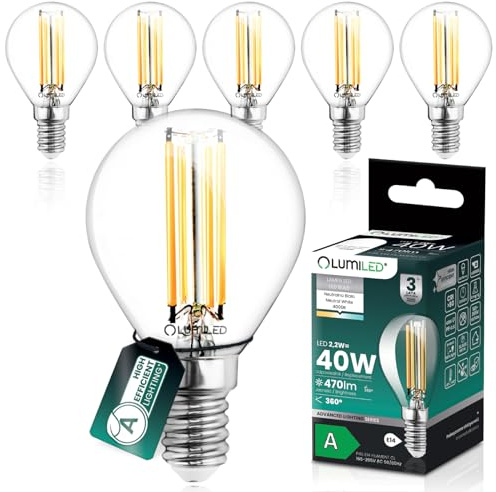 Lumiled LED Golfball Lampe P45 E14 Ultraeffizient Energieklasse A 2.2W 470lm Ersatz 40W 4000K Neutralweiß Filament Klar Glas Tropfenform 360° Abstrahlwinkel Nicht Dimmbar 6 Stück