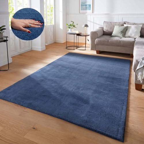 Taracarpet Supersoft kurzflor Teppich Fiona Wohnzimmer Schlafzimmer Kinderzimmer Flur Läufer waschbar rutschfest Uni New Blau 160x220 cm
