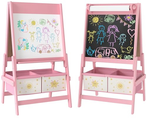 AIYAPLAY Kinder Staffelei 3 in 1 Kindertafel Standtafel mit Kreidetafel, Whiteboard, Papierrolle, 2 Aufbewahrungsboxen, Spiel-Tafel mit Stern- und Sonnenmotiv, für Kinder 3-8 Jahre Rosa