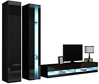 Wohnwand Vigo New V Anbauwand, Design Mediawand, Modernes Wohnzimmer Set, Hängeschrank TV Lowboard, Vitrine (mit weißer LED Beleuchtung, Schwarz/Schwarz Hochglanz)