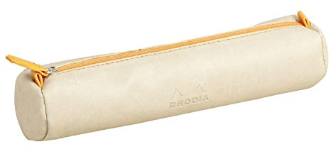 RHODIA 318895C - Rhodiarama Beige Round Pencil Case - 21.5 x 5.5 cm - Genuine Orange Stitching - Ivory Jersey Interior - Faux Leather - Storage for Pens, Pencils, Markers, Small Supplies