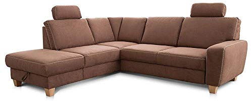 Cavadore Ecksofa Wisconsin mit Bettfunktion / Schlafsofa mit Federkern / Inkl. 2 Kopfstützen + Stauraum / Landhausstil / Holzfüße in Buche / Mikrofaser / 248 x 88 x 215 cm / Braun