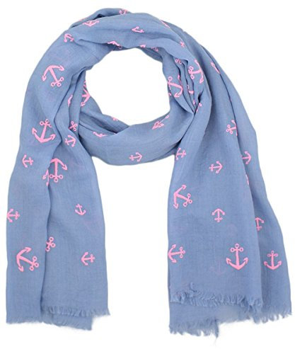 Sonia Originelli Schal Langschal Anker Maritim Reliefdruck Fransen Sommer Farbe Hellblau-Rosa