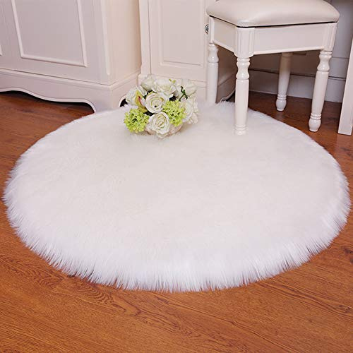 QINGLOU Faux Lammfell Schaffell Teppich (60 x 60 cm) Wohnzimmer Schlafzimmer Kinderzimmer/Als Faux Bett-Vorleger oder Matte für Stuhl Sofa (Weiß（Runde）, 60 x 60cm)
