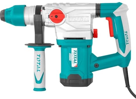 TOTAL - Martello Combinatto 1500 W | Martello combinato con cavo | 850 giri/min, 5,5 J di impatto | Include 3 punte da trapano, 2 scalpelli e un set di spazzole | bianco blu