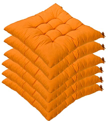 6er Set Stuhlkissen mit Bänder, 40x40x5cm, Sitzkissen für Stühle drinnen und draußen (Mehrere Farben zur Auswahl) (Orange)