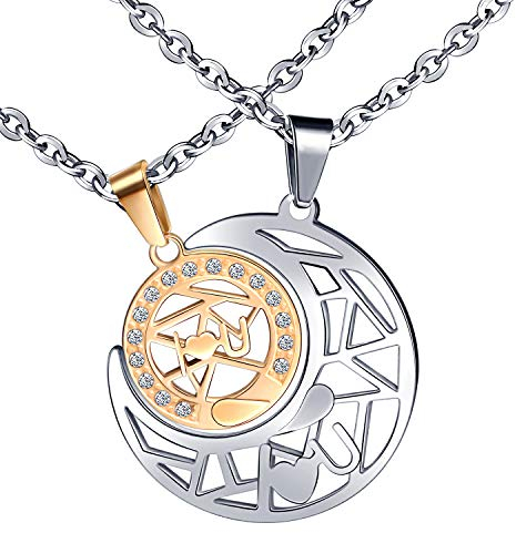 Feilok Verliebte Paar Edelstahl Halskette Mond und Sonne Form mit I Love You Freundschaftskette Partneranhänger Partnerketten Geschenk Gold